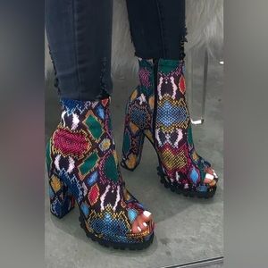 Chunky Snakeskin Print Peep Toe Ankle Boots